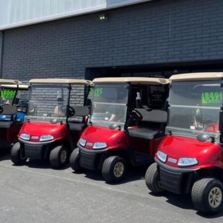 Lot of (4) 2022 EZGO RXV 2 Passenger Golf Carts in Red with Lithium Batteries.